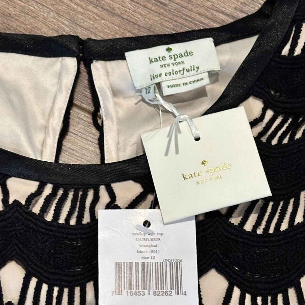 NWT! Kate Spade Scalloped Lace Elegant Black Short Sleeve Top Size 12